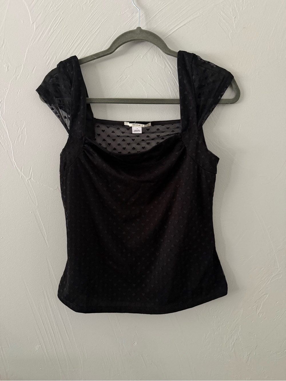 Kimchi Blue Black Flocked Heart Mesh Cowl Neck Top Large Sheer Y2K